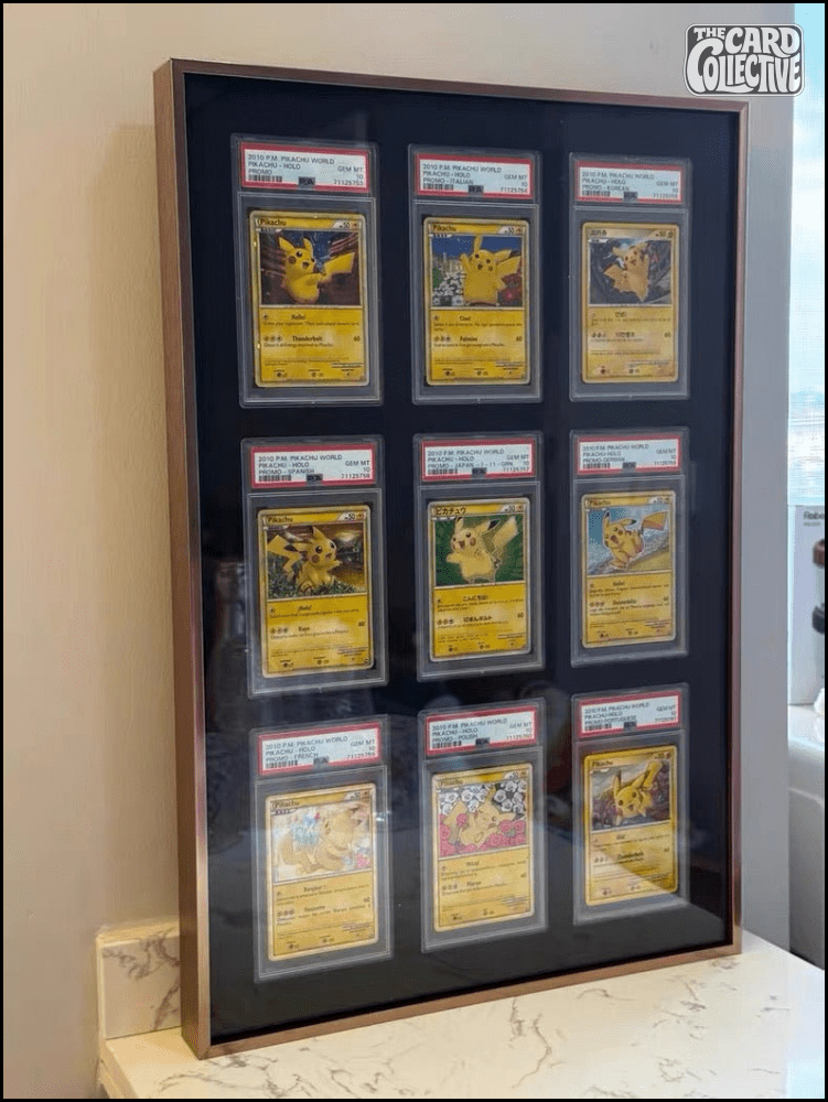 Premium aluminium metal trading card wall display frame case for Pokémon cards, MTG cards, Yu-Gi-Oh! cards, One Piece cards and sports cards, graded card wall display, PSA card frame, CGC card display, BGS slab display, One Touch magnetic holder display,